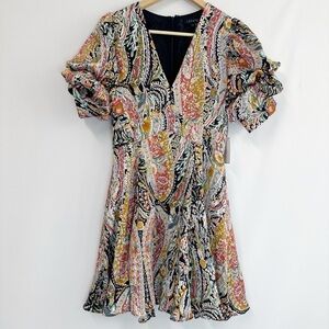 1.STATE Women's V-Neck Tiered Bubble Puff Sleeve Printed Mini Dress Size S